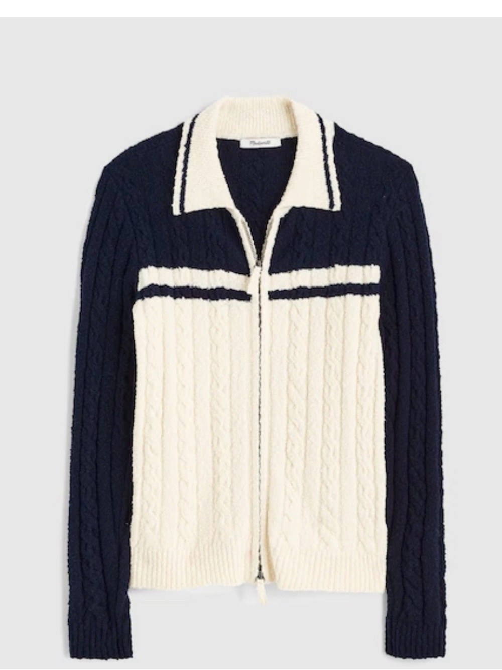 Madewell Cable-Knit Zip Cardigan. Navy and Cream. Medium. NWT.